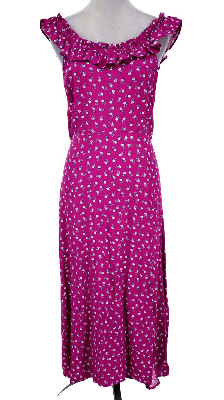 Loft Dress Womens 6 Grape Purple Ditsy Floral Zip Ruffle Neck Maxi Cottagecore